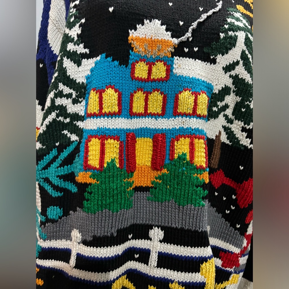 Vintage 80’s Berek Sweater Hand Knitted by Marta D Winter Village Scene Large - Picture 2 of 9